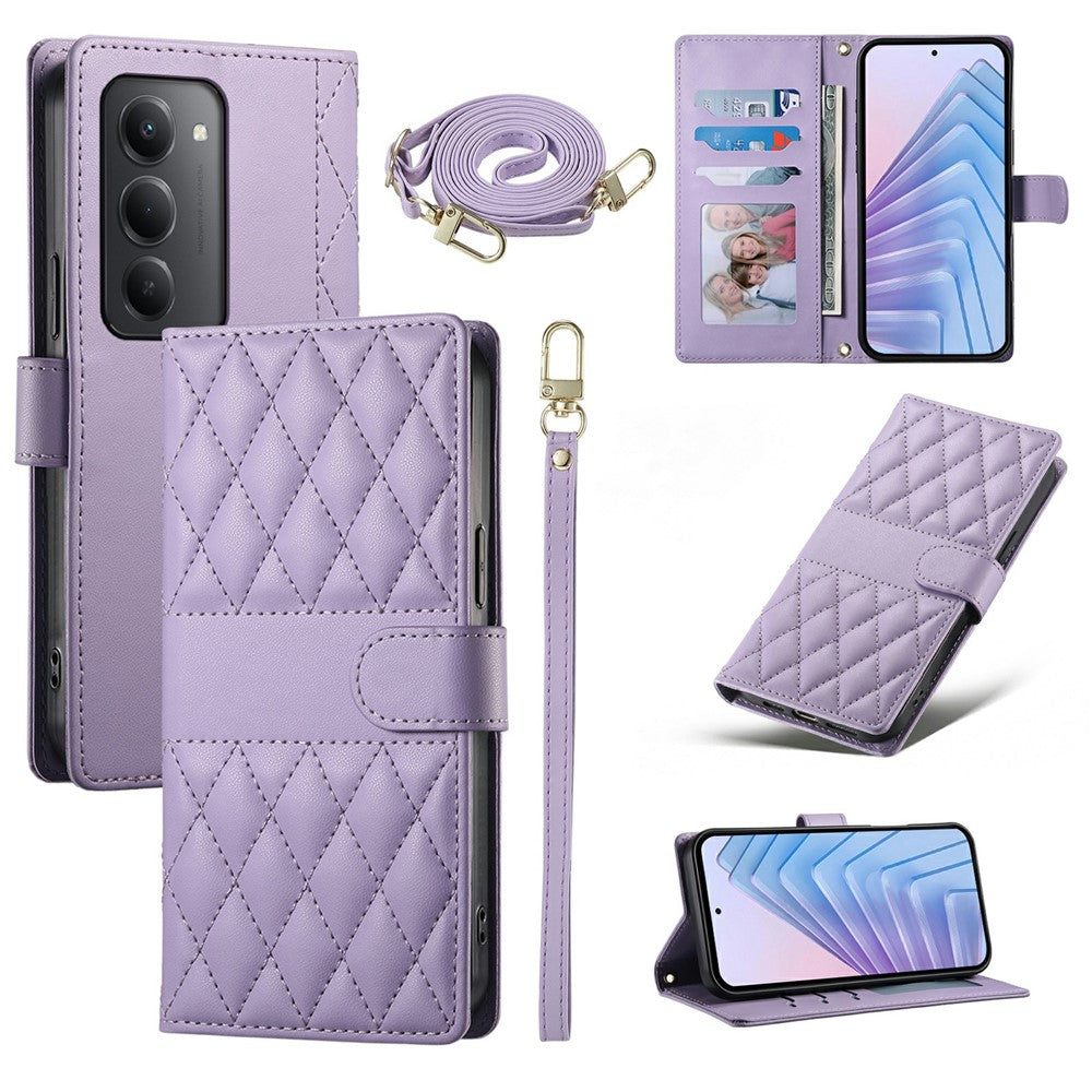 For Xiaomi Redmi 15 5G (Global) (169mm) Case Rhombus Stitching Wallet Stand Leather Phone Cover with Long  /  Short Strap