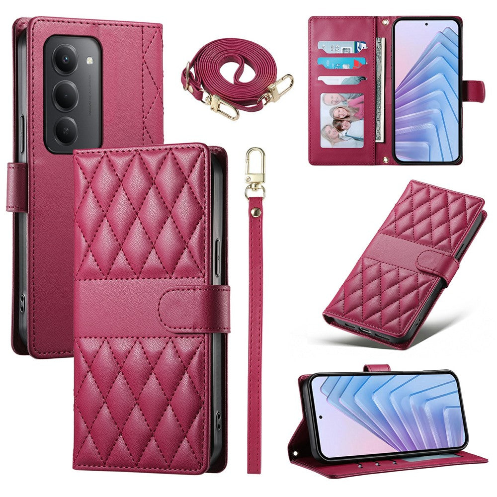 For Xiaomi Redmi 15 5G (Global) (169mm) Case Rhombus Stitching Wallet Stand Leather Phone Cover with Long  /  Short Strap
