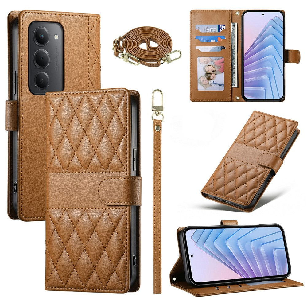 For Xiaomi Redmi 15 5G (Global) (169mm) Case Rhombus Stitching Wallet Stand Leather Phone Cover with Long  /  Short Strap