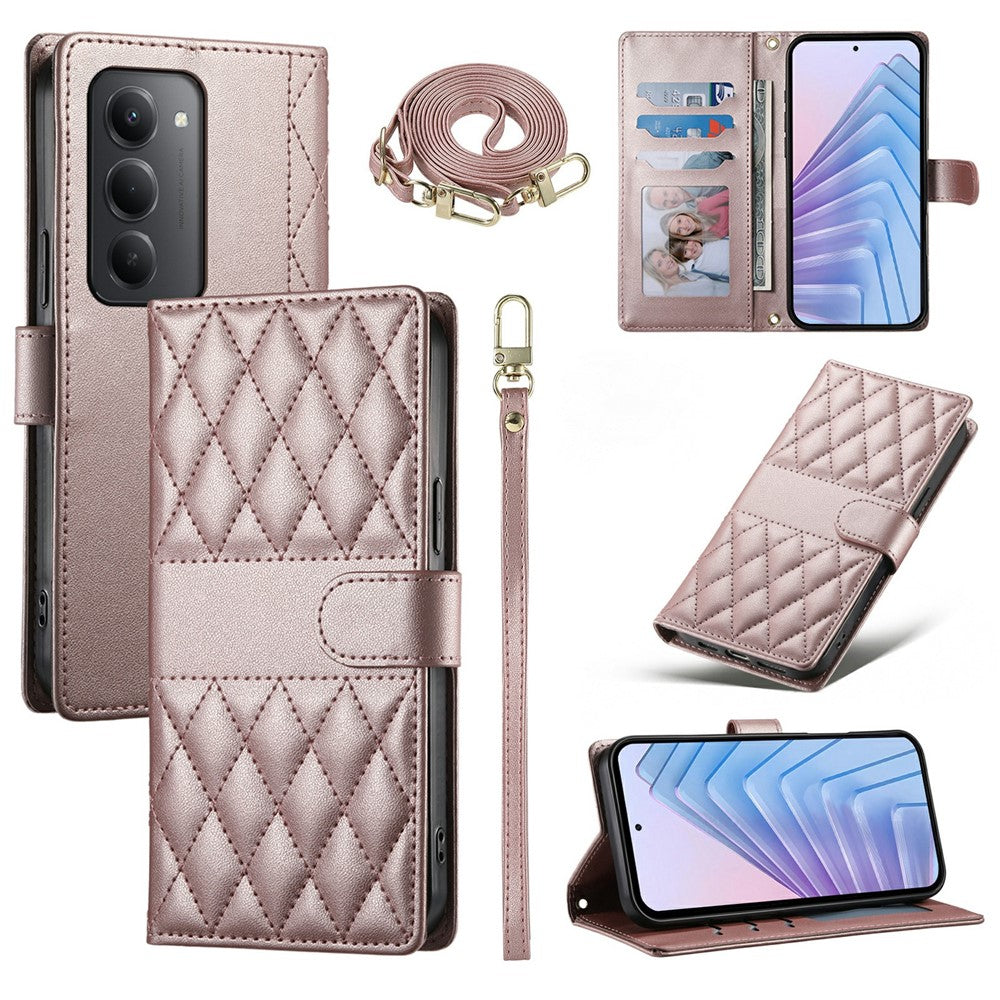 For Xiaomi Redmi 15 5G (Global) (169mm) Case Rhombus Stitching Wallet Stand Leather Phone Cover with Long  /  Short Strap