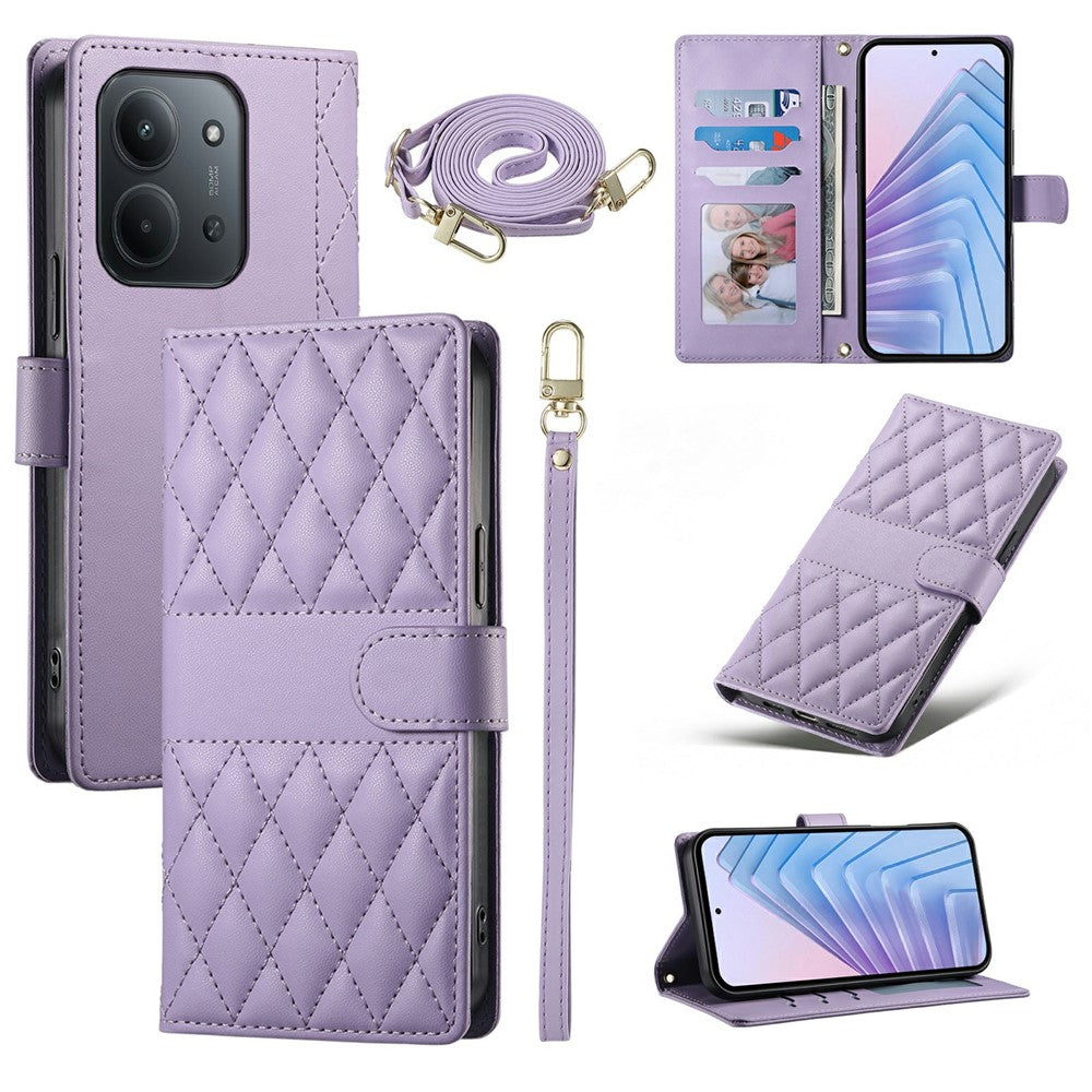 Wallet Case for Xiaomi Redmi 15C 4G (Global) (171mm) / Poco C85 4G (171mm) Rhombus Stitching Leather Phone Cover with Long / Short Strap