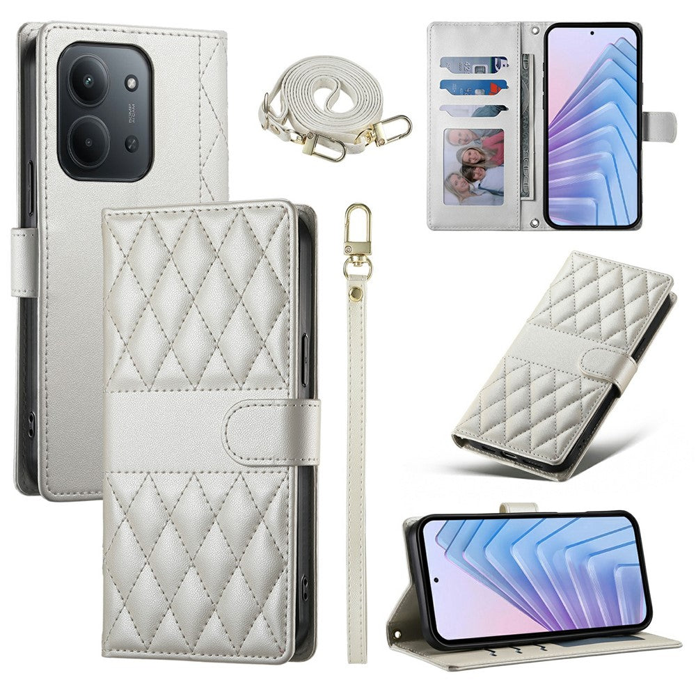 Wallet Case for Xiaomi Redmi 15C 4G (Global) (171mm) / Poco C85 4G (171mm) Rhombus Stitching Leather Phone Cover with Long / Short Strap
