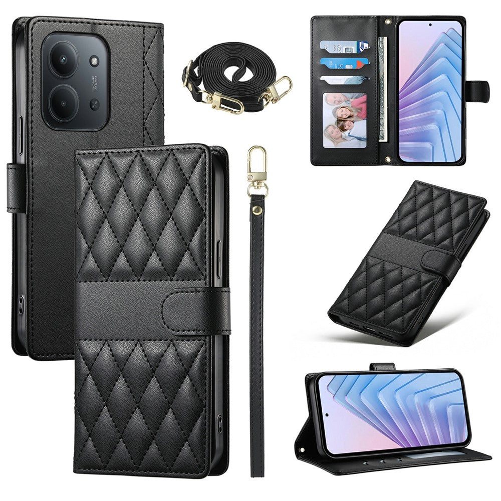 Wallet Case for Xiaomi Redmi 15C 4G (Global) (171mm) / Poco C85 4G (171mm) Rhombus Stitching Leather Phone Cover with Long / Short Strap