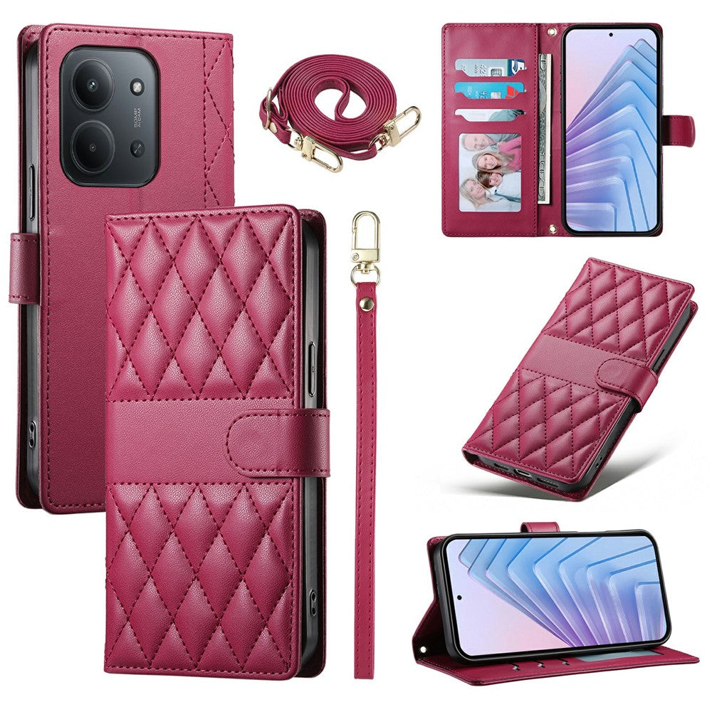 Wallet Case for Xiaomi Redmi 15C 4G (Global) (171mm) / Poco C85 4G (171mm) Rhombus Stitching Leather Phone Cover with Long / Short Strap