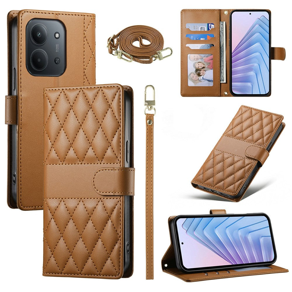 Wallet Case for Xiaomi Redmi 15C 4G (Global) (171mm) / Poco C85 4G (171mm) Rhombus Stitching Leather Phone Cover with Long / Short Strap