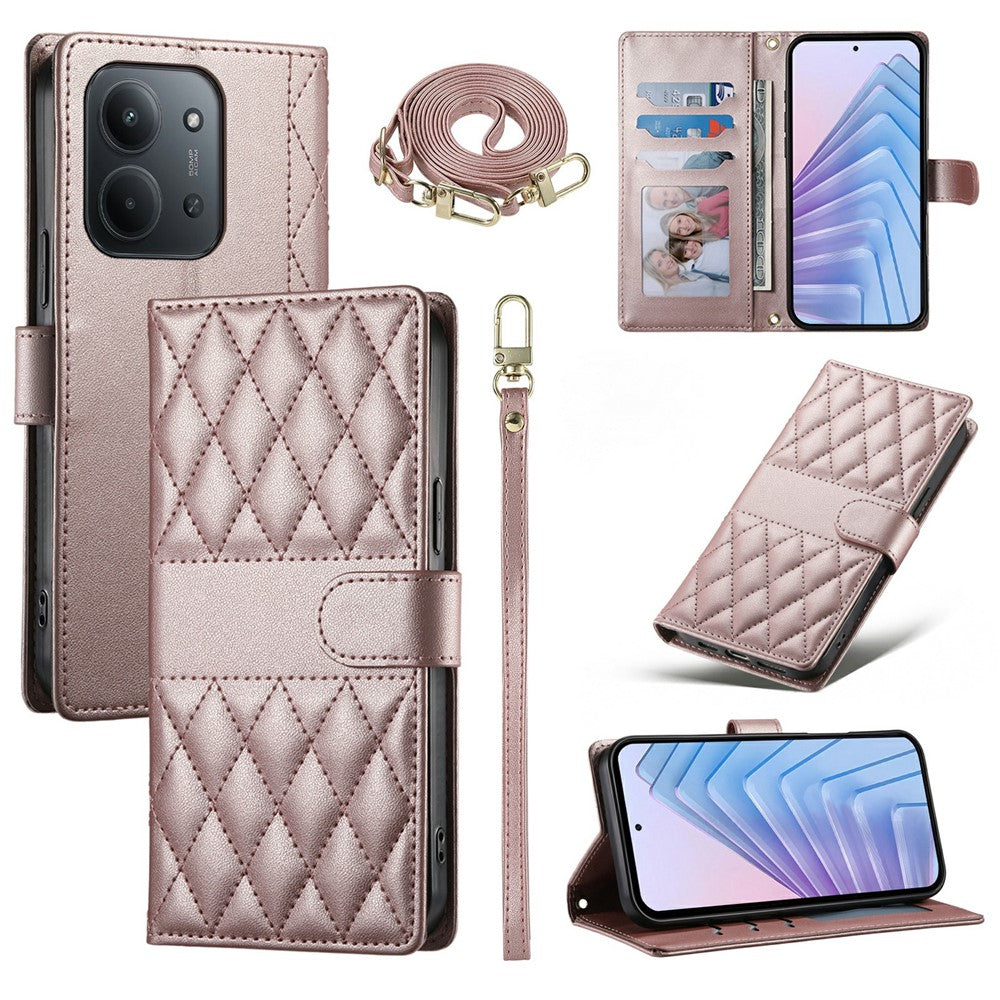 Wallet Case for Xiaomi Redmi 15C 4G (Global) (171mm) / Poco C85 4G (171mm) Rhombus Stitching Leather Phone Cover with Long / Short Strap