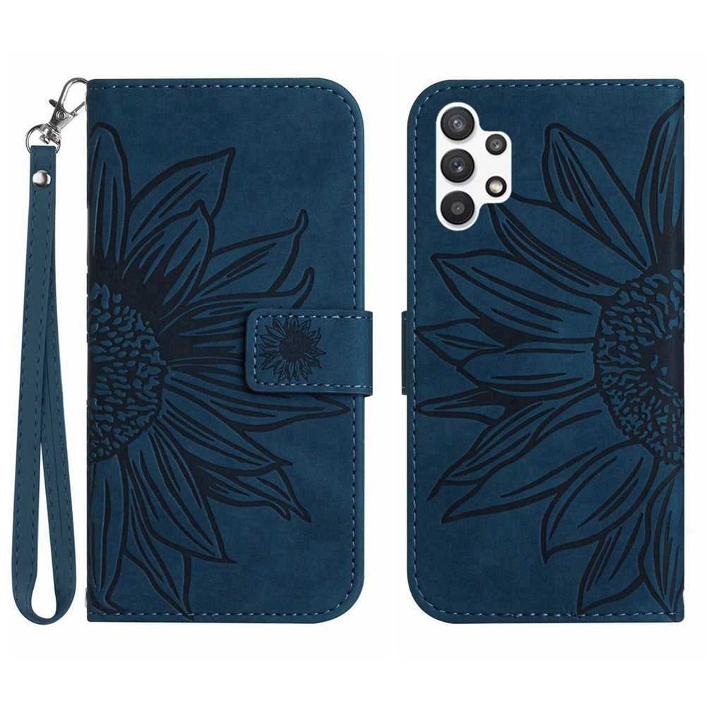 Reptåligt flipfodral för Samsung Galaxy A13 4G HT04, tryckt solrosfodral, PU-läder, magnetiskt plånboksfodral med rem