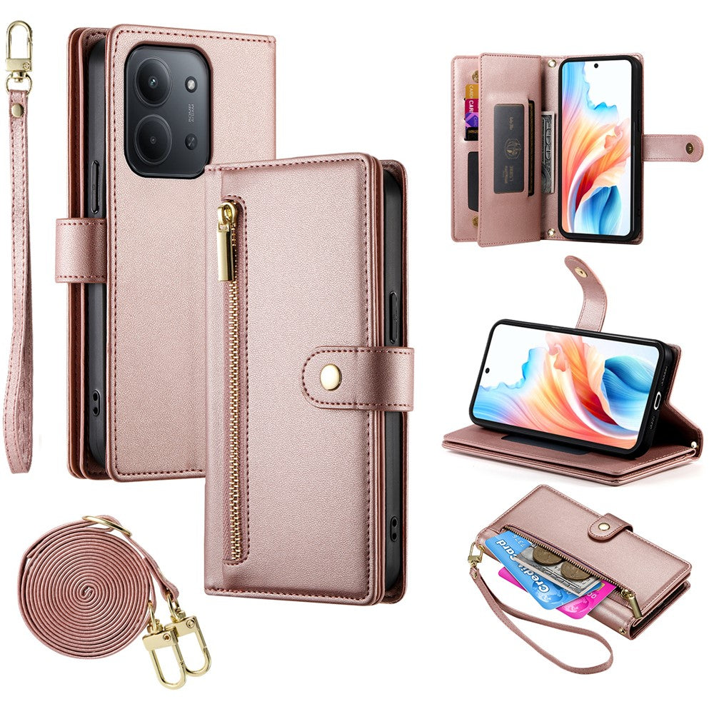For Xiaomi Redmi 15C 4G (Global) (171mm) / Poco C85 4G (171mm) Case Zipper Pocket Wallet Leather Phone Cover with Straps