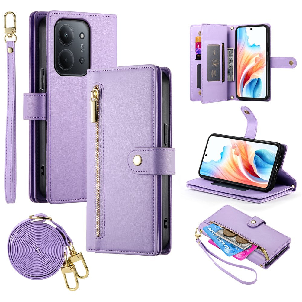 For Xiaomi Redmi 15C 4G (Global) (171mm) / Poco C85 4G (171mm) Case Zipper Pocket Wallet Leather Phone Cover with Straps