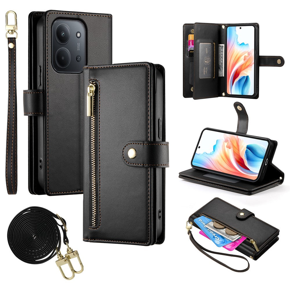 For Xiaomi Redmi 15C 4G (Global) (171mm) / Poco C85 4G (171mm) Case Zipper Pocket Wallet Leather Phone Cover with Straps
