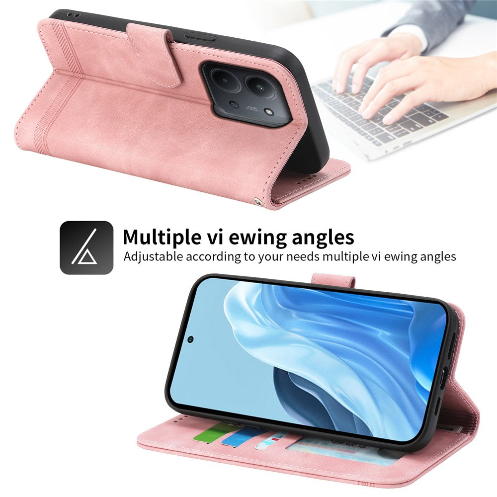 DIERFENG DF-03 For Xiaomi Redmi 15C 5G (EU) (173mm)  /  4G (EU) (173mm) Case Lines Imprint Wallet Leather Phone Cover with Wrist Strap