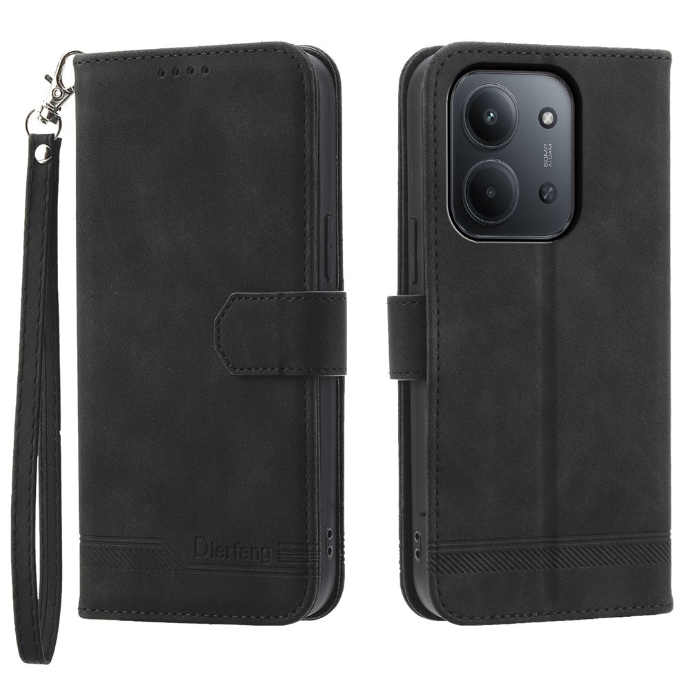 DIERFENG DF-03 For Xiaomi Redmi 15C 5G (EU) (173mm)  /  4G (EU) (173mm) Case Lines Imprint Wallet Leather Phone Cover with Wrist Strap