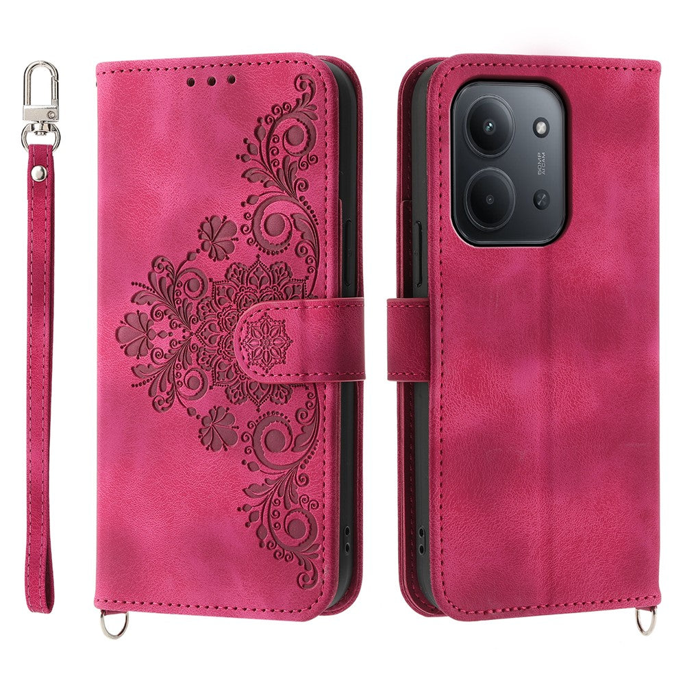 For Xiaomi Redmi 15C 4G (EU) (173mm) / 15C 5G (EU) (173mm) / Poco C85 4G (173mm) Case Flower Pattern PU Leather Wallet Cover with Strap
