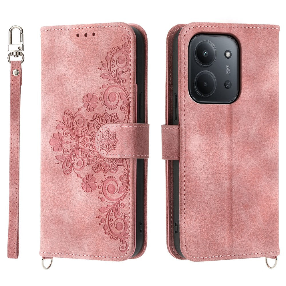 For Xiaomi Redmi 15C 4G (EU) (173mm) / 15C 5G (EU) (173mm) / Poco C85 4G (173mm) Case Flower Pattern PU Leather Wallet Cover with Strap