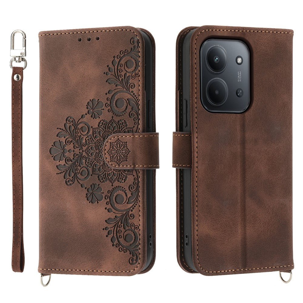 For Xiaomi Redmi 15C 4G (EU) (173mm) / 15C 5G (EU) (173mm) / Poco C85 4G (173mm) Case Flower Pattern PU Leather Wallet Cover with Strap