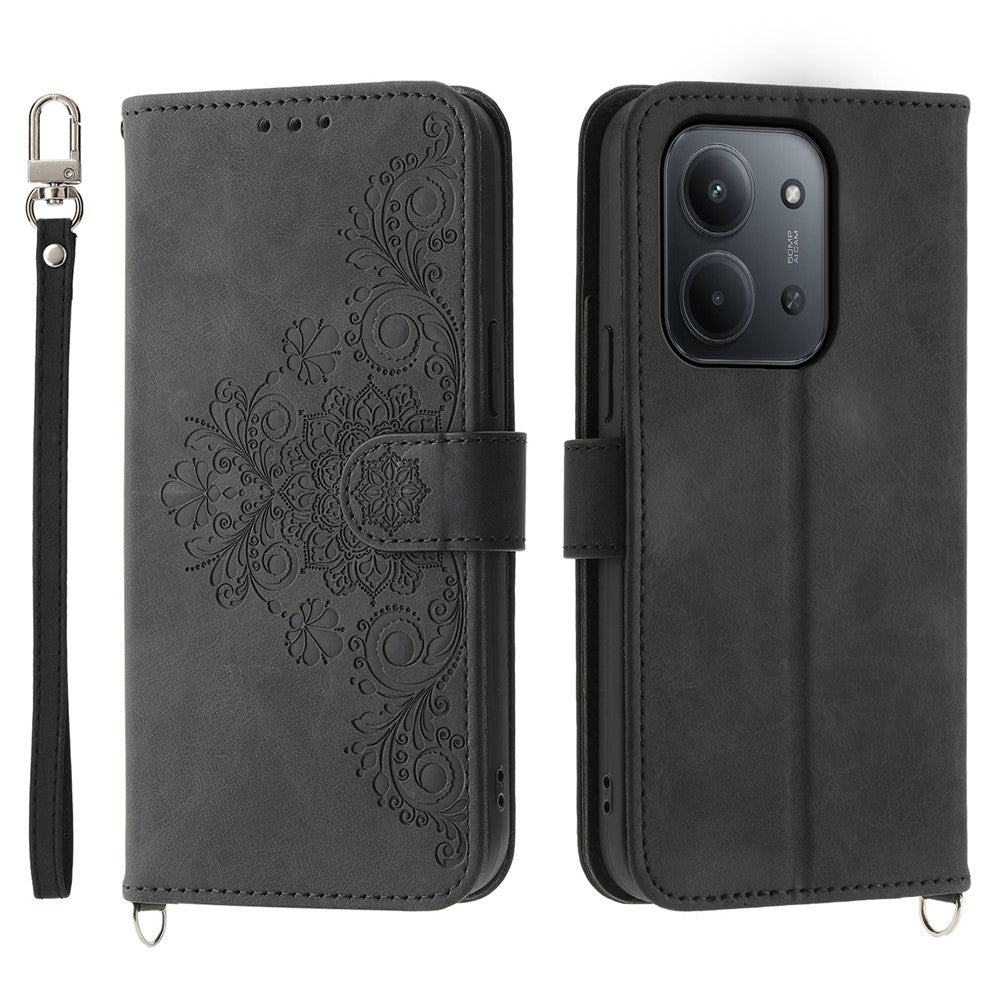For Xiaomi Redmi 15C 4G (EU) (173mm) / 15C 5G (EU) (173mm) / Poco C85 4G (173mm) Case Flower Pattern PU Leather Wallet Cover with Strap