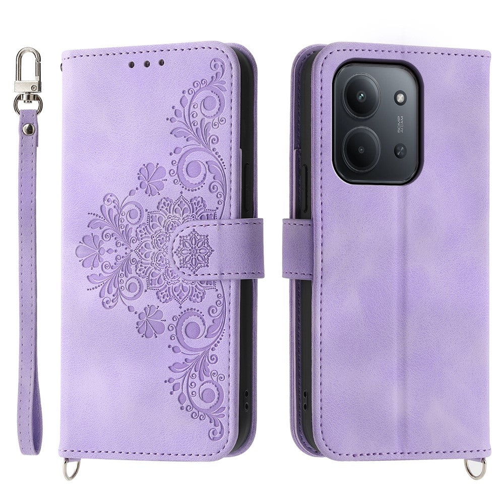For Xiaomi Redmi 15C 4G (EU) (173mm) / 15C 5G (EU) (173mm) / Poco C85 4G (173mm) Case Flower Pattern PU Leather Wallet Cover with Strap