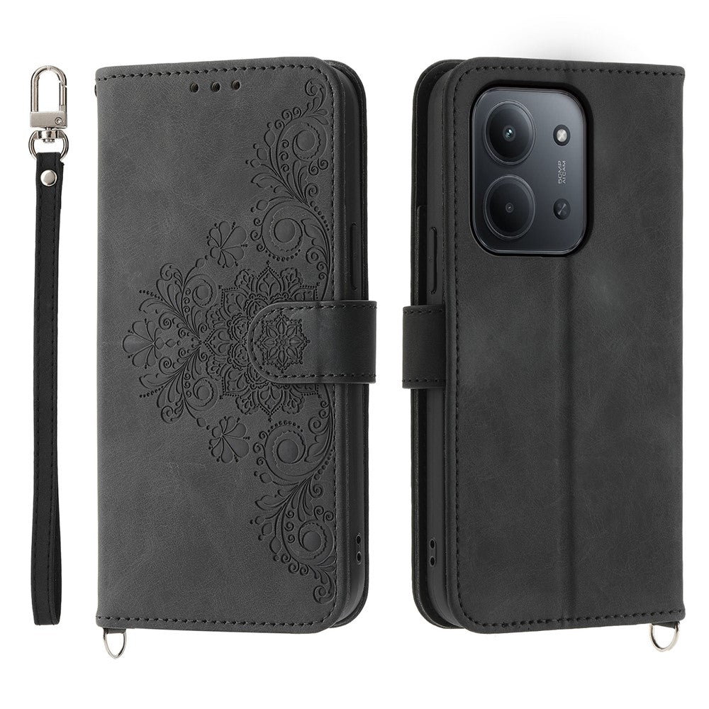 For Xiaomi Redmi 15C 4G (Global) (171mm) / Poco C85 4G (171mm) Case Flower Pattern PU Leather Wallet Phone Cover with Strap