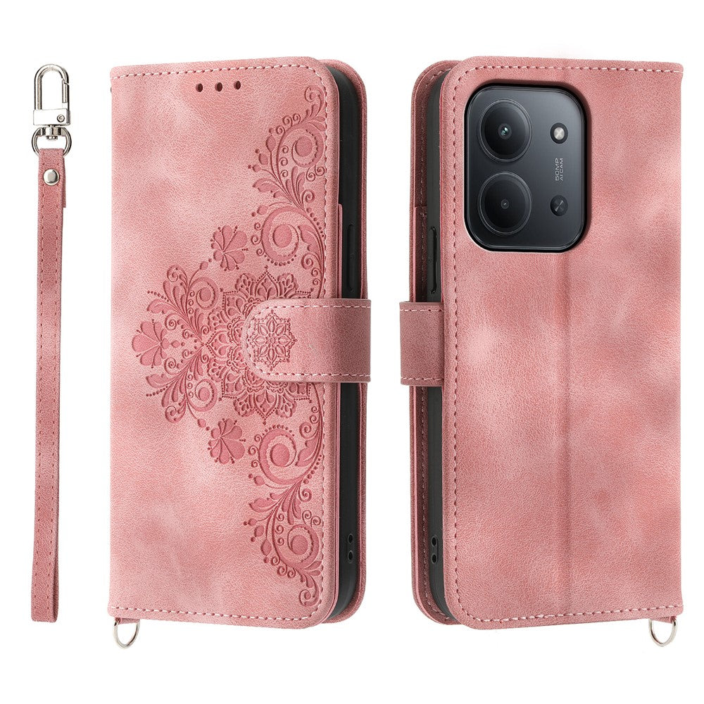 For Xiaomi Redmi 15C 4G (Global) (171mm) / Poco C85 4G (171mm) Case Flower Pattern PU Leather Wallet Phone Cover with Strap