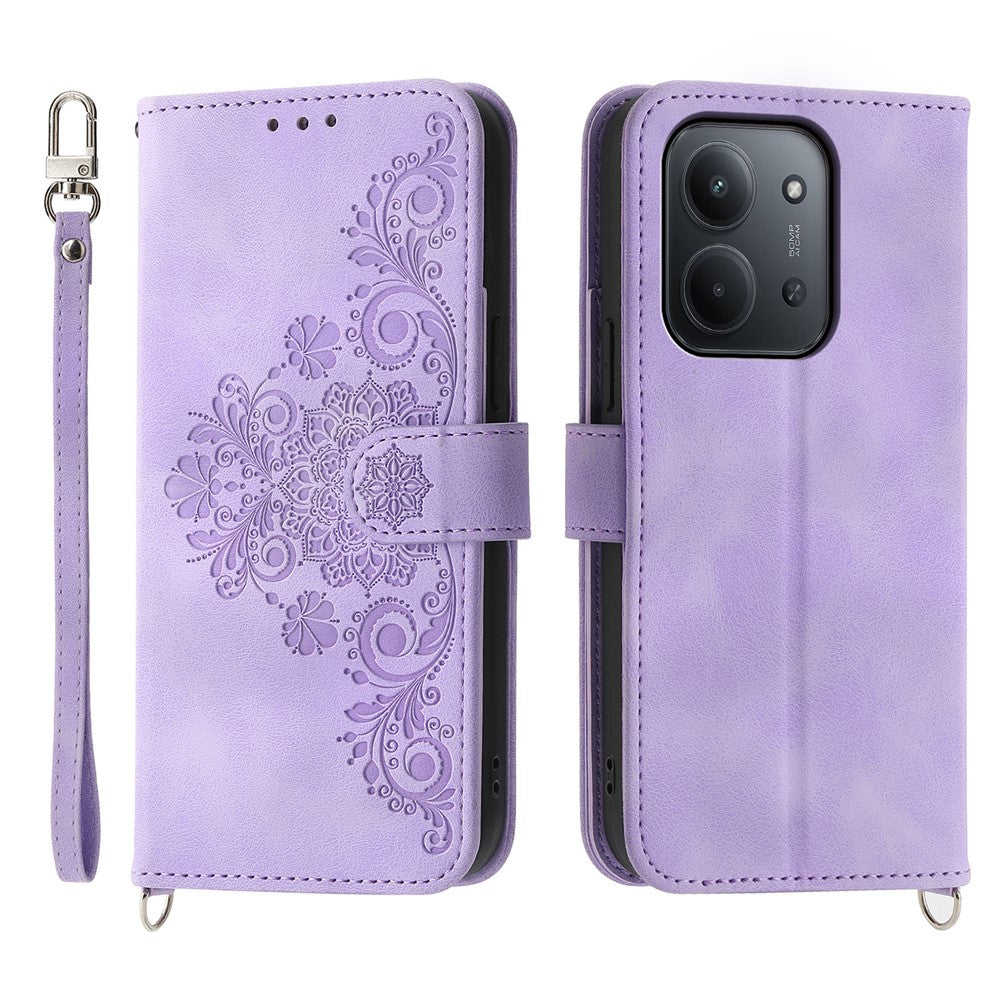 For Xiaomi Redmi 15C 4G (Global) (171mm) / Poco C85 4G (171mm) Case Flower Pattern PU Leather Wallet Phone Cover with Strap