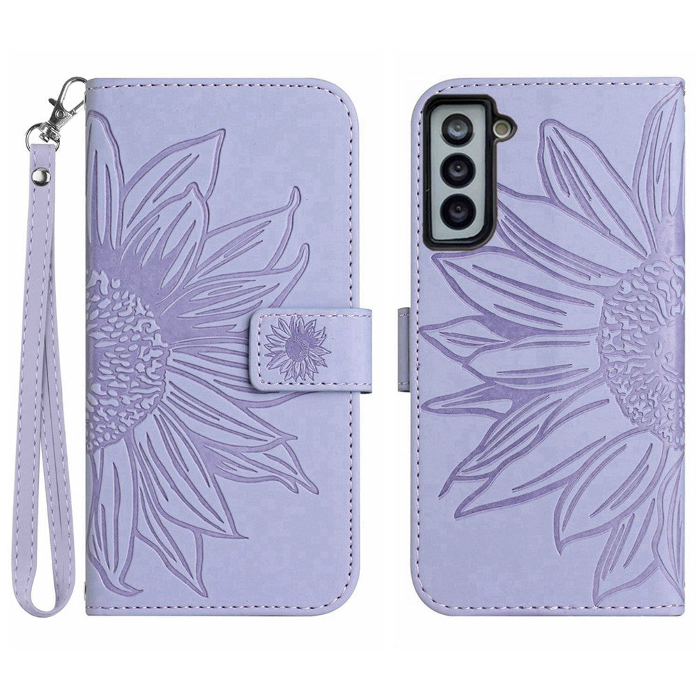 Flip Leather Wallet Case For Samsung Galaxy S21 4G / 5G, HT04 Imprinted Sunflower Skin-Touch Stand Magnetic Closure Protective Phone Cover with Strap