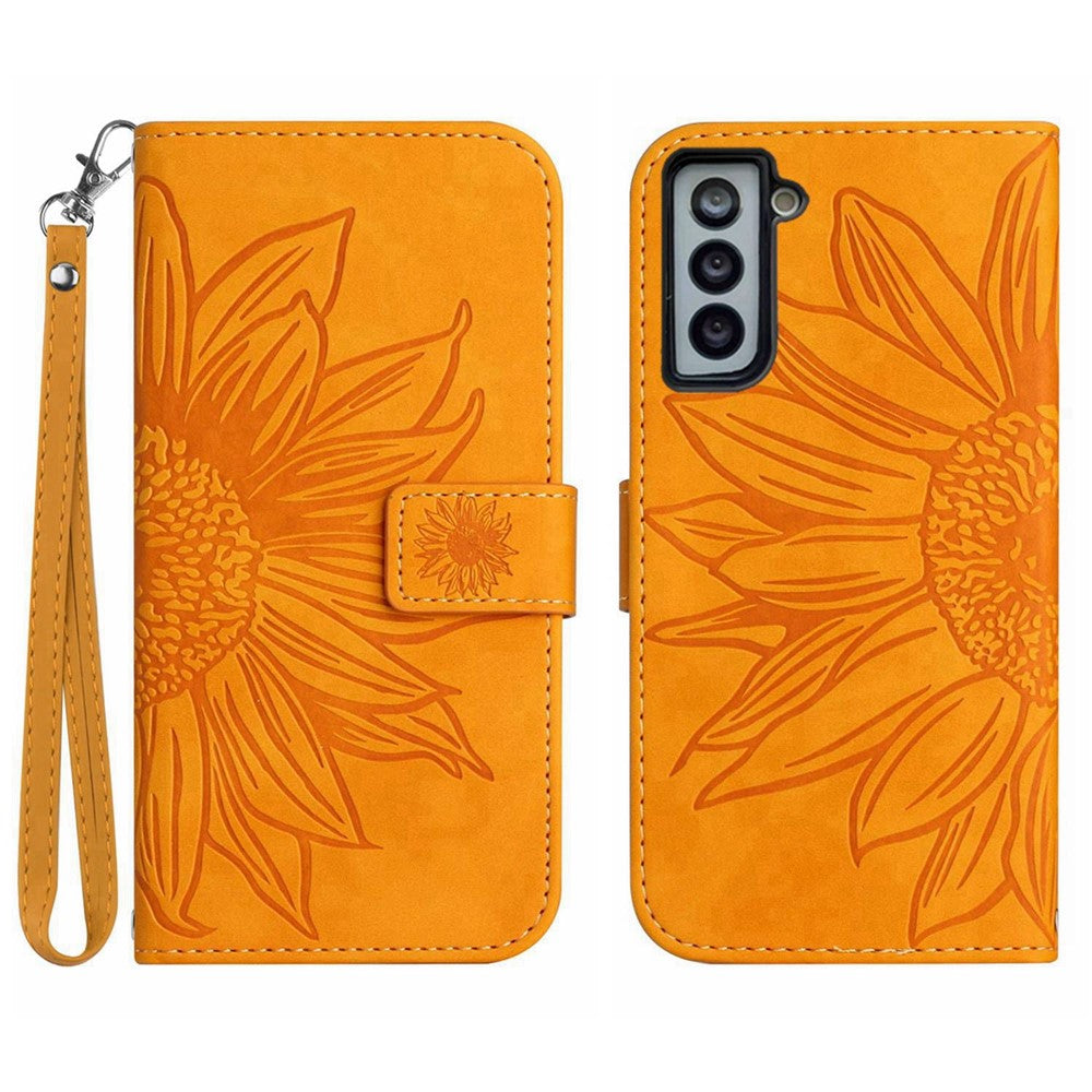 Flip Leather Wallet Case For Samsung Galaxy S21 4G / 5G, HT04 Imprinted Sunflower Skin-Touch Stand Magnetic Closure Protective Phone Cover with Strap