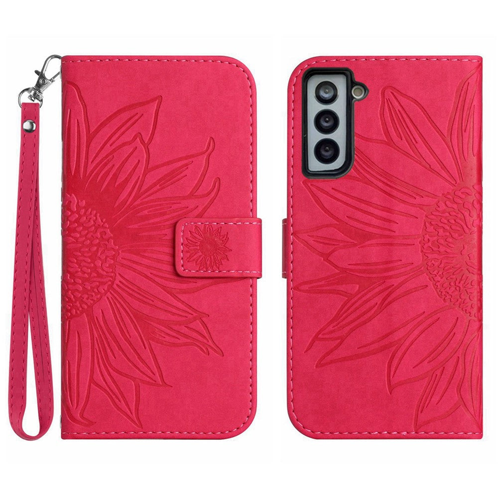 Flip Leather Wallet Case For Samsung Galaxy S21 4G / 5G, HT04 Imprinted Sunflower Skin-Touch Stand Magnetic Closure Protective Phone Cover with Strap