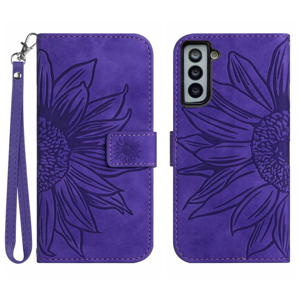Flip Leather Wallet Case For Samsung Galaxy S21 4G / 5G, HT04 Imprinted Sunflower Skin-Touch Stand Magnetic Closure Protective Phone Cover with Strap