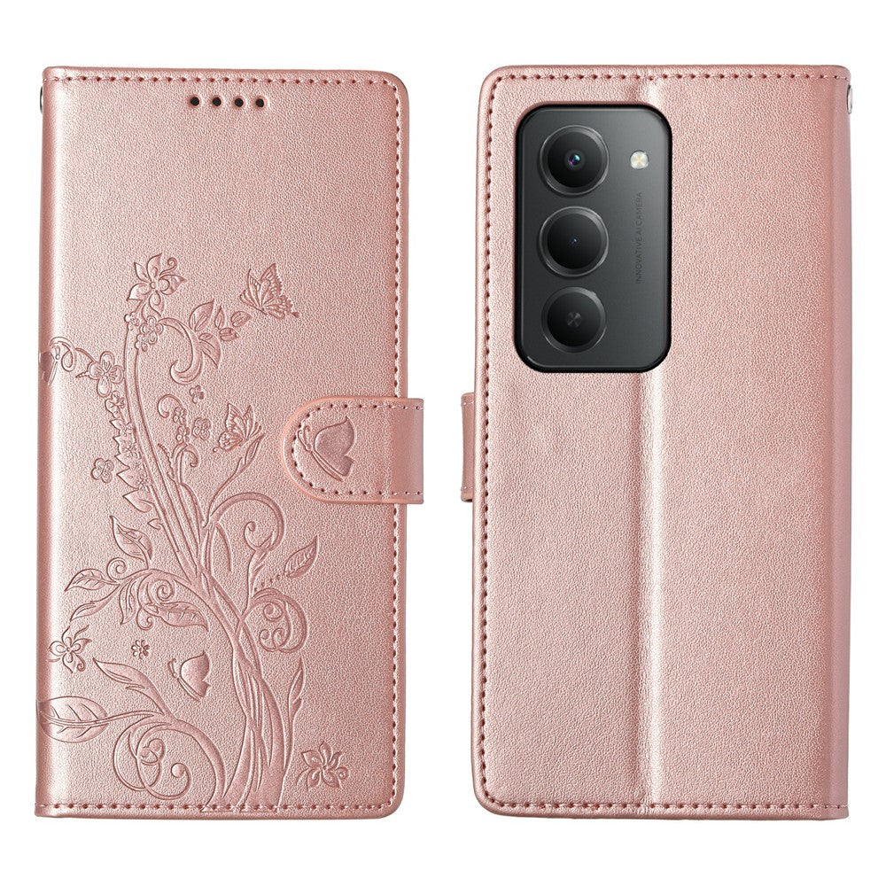 For Xiaomi Redmi 15 5G (Global) (169mm) Wallet Case Butterfly Floral Imprint PU Leather Phone Cover with Wrist Strap