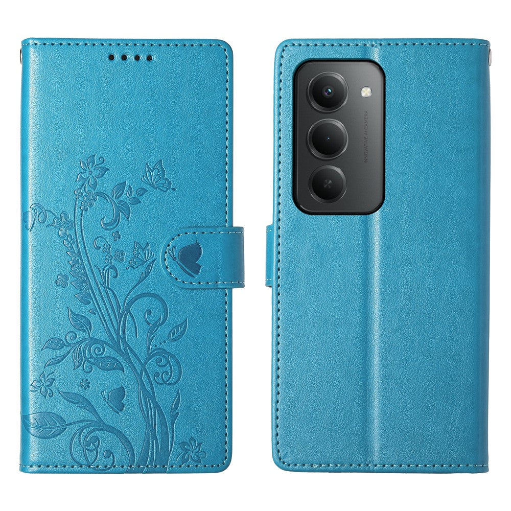 For Xiaomi Redmi 15 5G (Global) (169mm) Wallet Case Butterfly Floral Imprint PU Leather Phone Cover with Wrist Strap