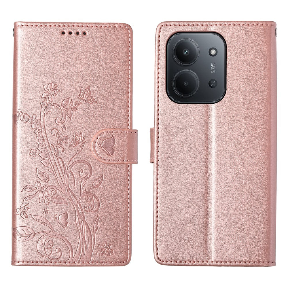 PU-lædermobilcover med sommerfugletryk og rem til Xiaomi Redmi 15C 4G (EU) (173 mm) / 15C 5G (EU) (173 mm) / Poco C85 4G (173 mm)