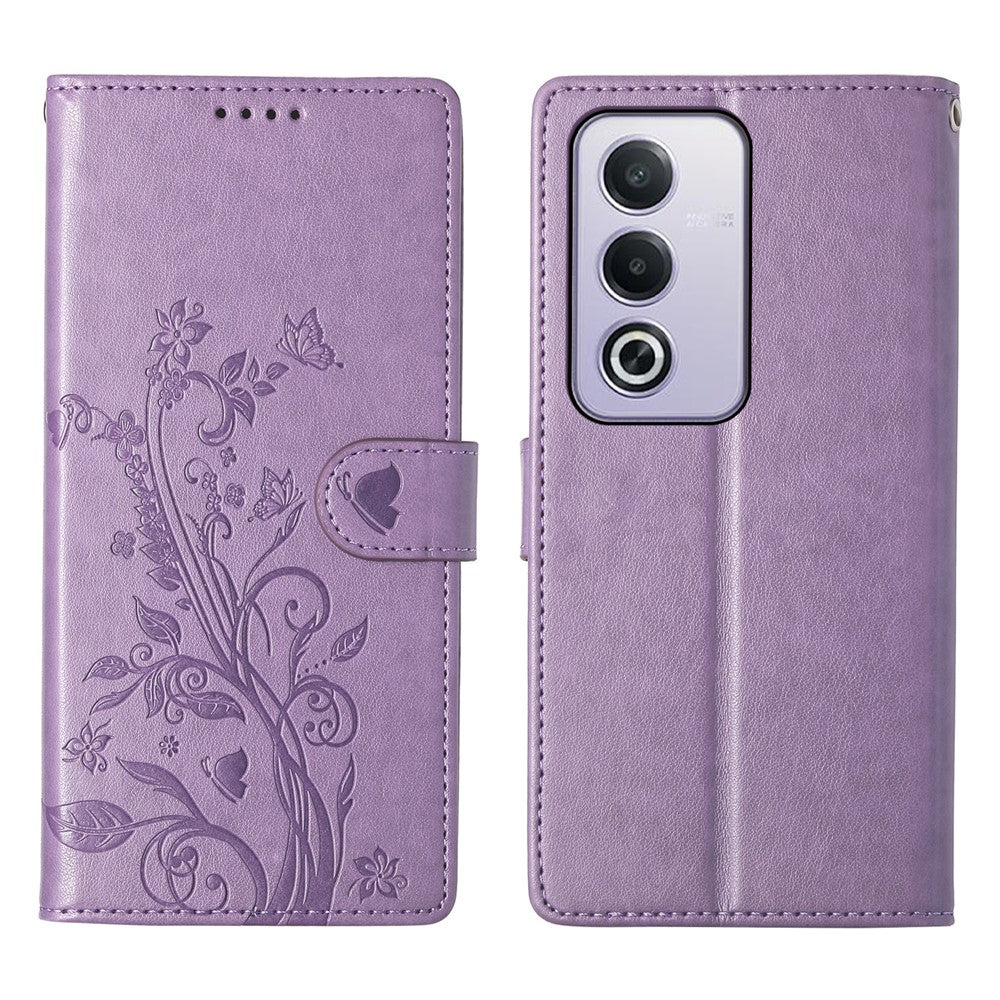 Til Oppo A5 5G / A5i Pro 4G Pung Etui Butterfly Blomsterpræg PU Læder Telefoncover med Håndledsrem