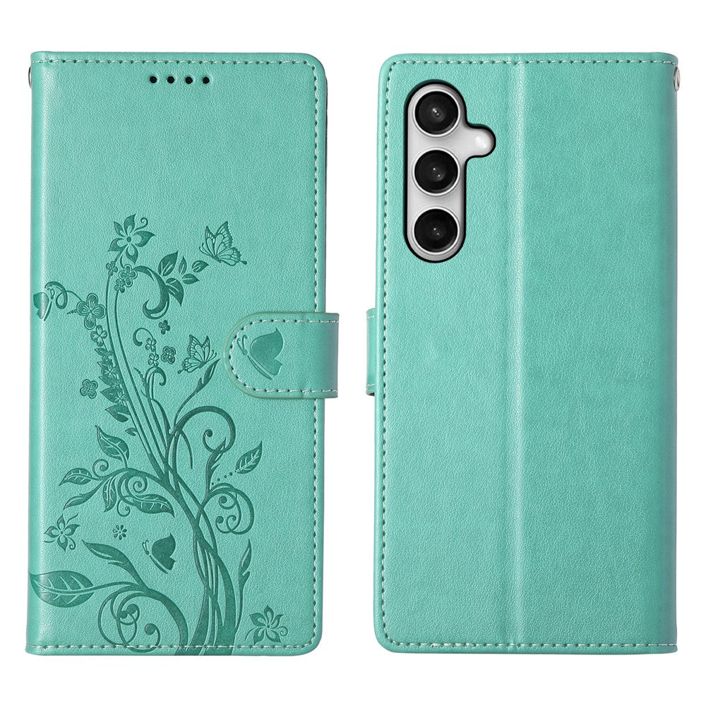 For Samsung Galaxy S25 FE Wallet Case Butterfly Floral Imprint PU Leather Phone Cover with Wrist Strap