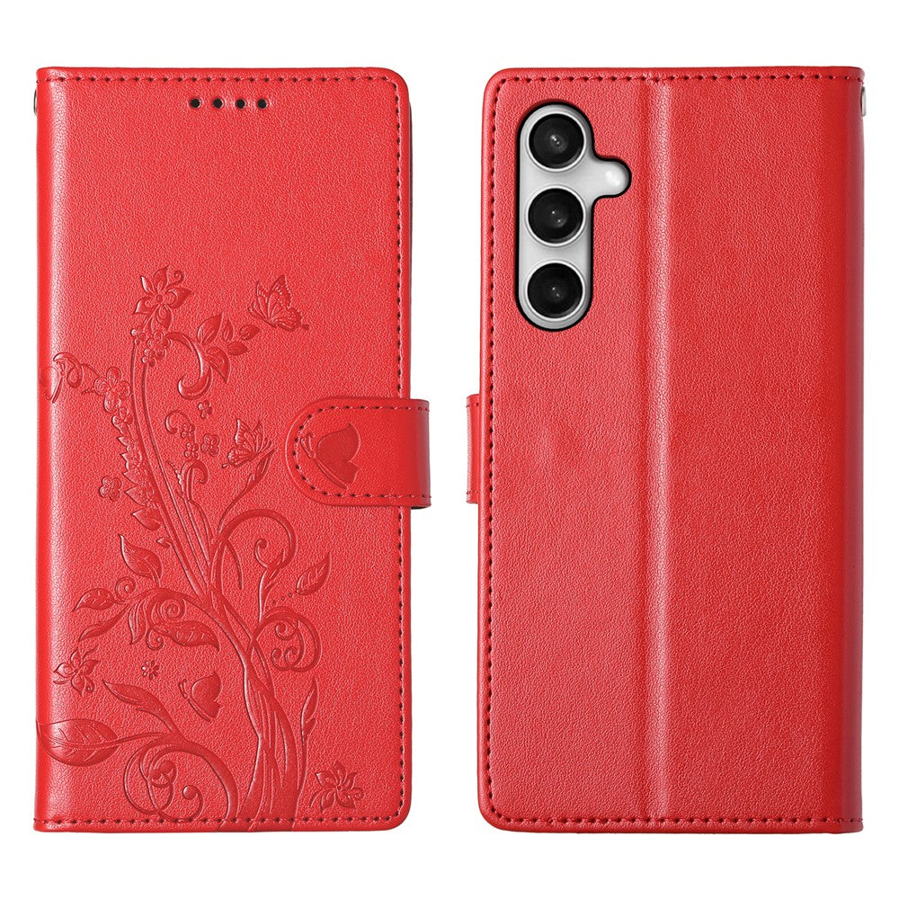 For Samsung Galaxy S25 FE Wallet Case Butterfly Floral Imprint PU Leather Phone Cover with Wrist Strap