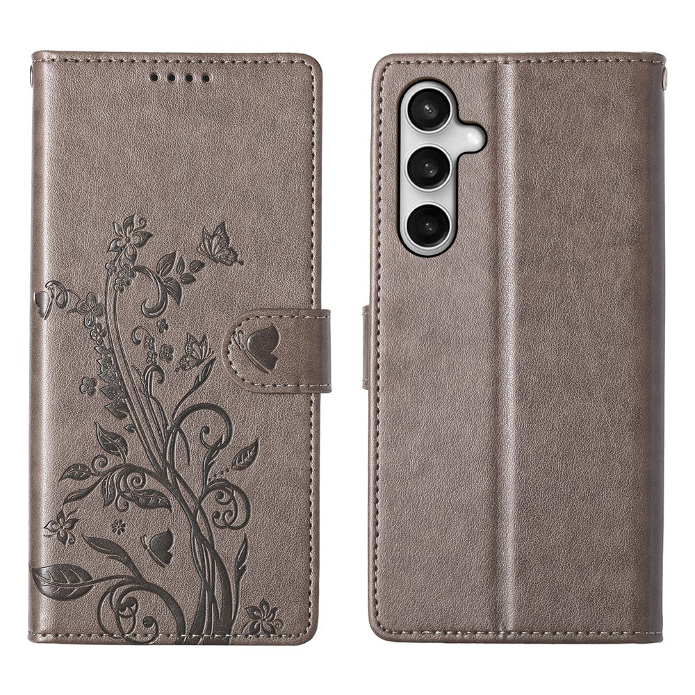 For Samsung Galaxy S25 FE Wallet Case Butterfly Floral Imprint PU Leather Phone Cover with Wrist Strap