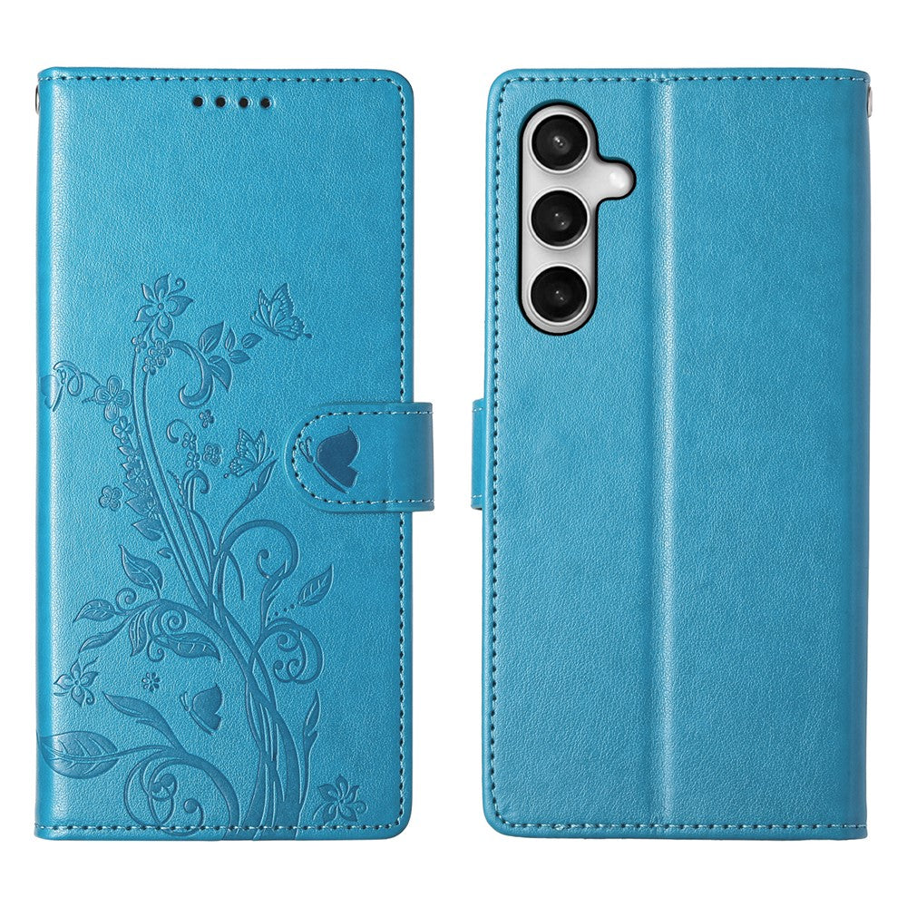 For Samsung Galaxy S25 FE Wallet Case Butterfly Floral Imprint PU Leather Phone Cover with Wrist Strap