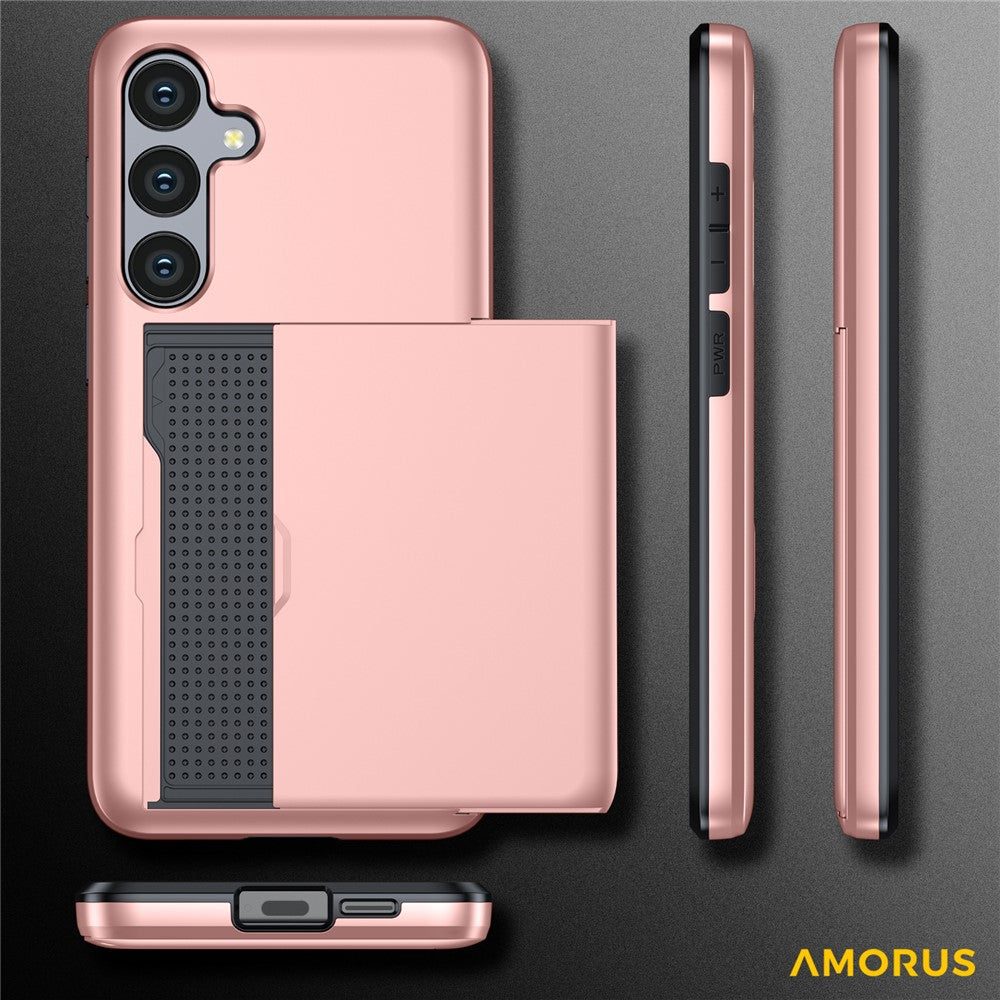 AMORUS For Samsung Galaxy S25 FE Case with Sliding Card Holder PC TPU Phone Back Cover