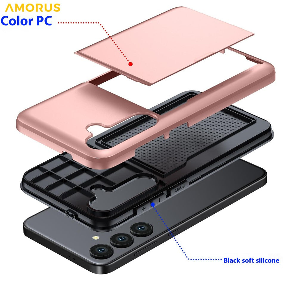 AMORUS For Samsung Galaxy S25 FE Case with Sliding Card Holder PC TPU Phone Back Cover