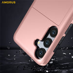 AMORUS For Samsung Galaxy S25 FE Case with Sliding Card Holder PC TPU Phone Back Cover