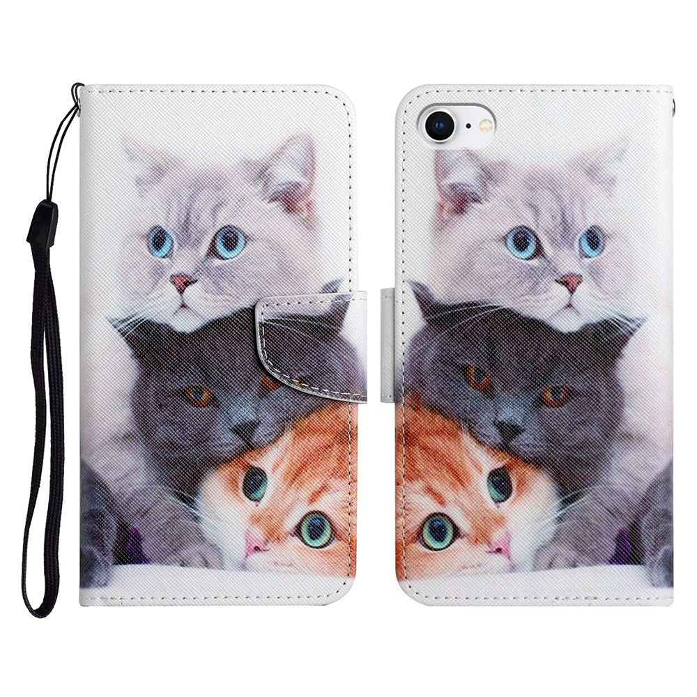 For iPhone SE (2022) / (2020) / 8 / 7 Case Pattern Printing Protective Leather Folio Phone Cover with Wrist Strap