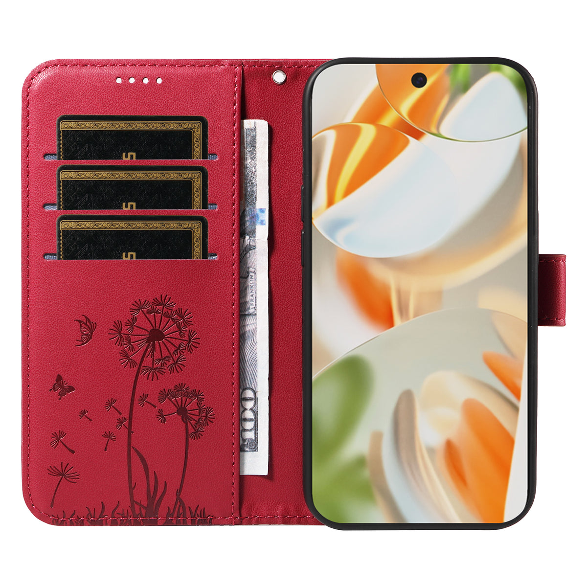 Til Google Pixel 9 Pro / Google Pixel 10 / Google Pixel 10 Pro / Google Pixel 9 Læderpungcover med rem og mælkebøttemønster samt telefonholder