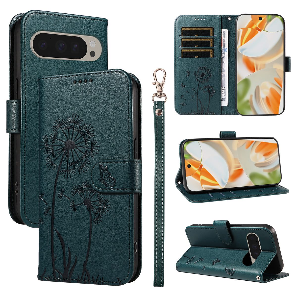 Til Google Pixel 9 Pro / Google Pixel 10 / Google Pixel 10 Pro / Google Pixel 9 Læderpungcover med rem og mælkebøttemønster samt telefonholder