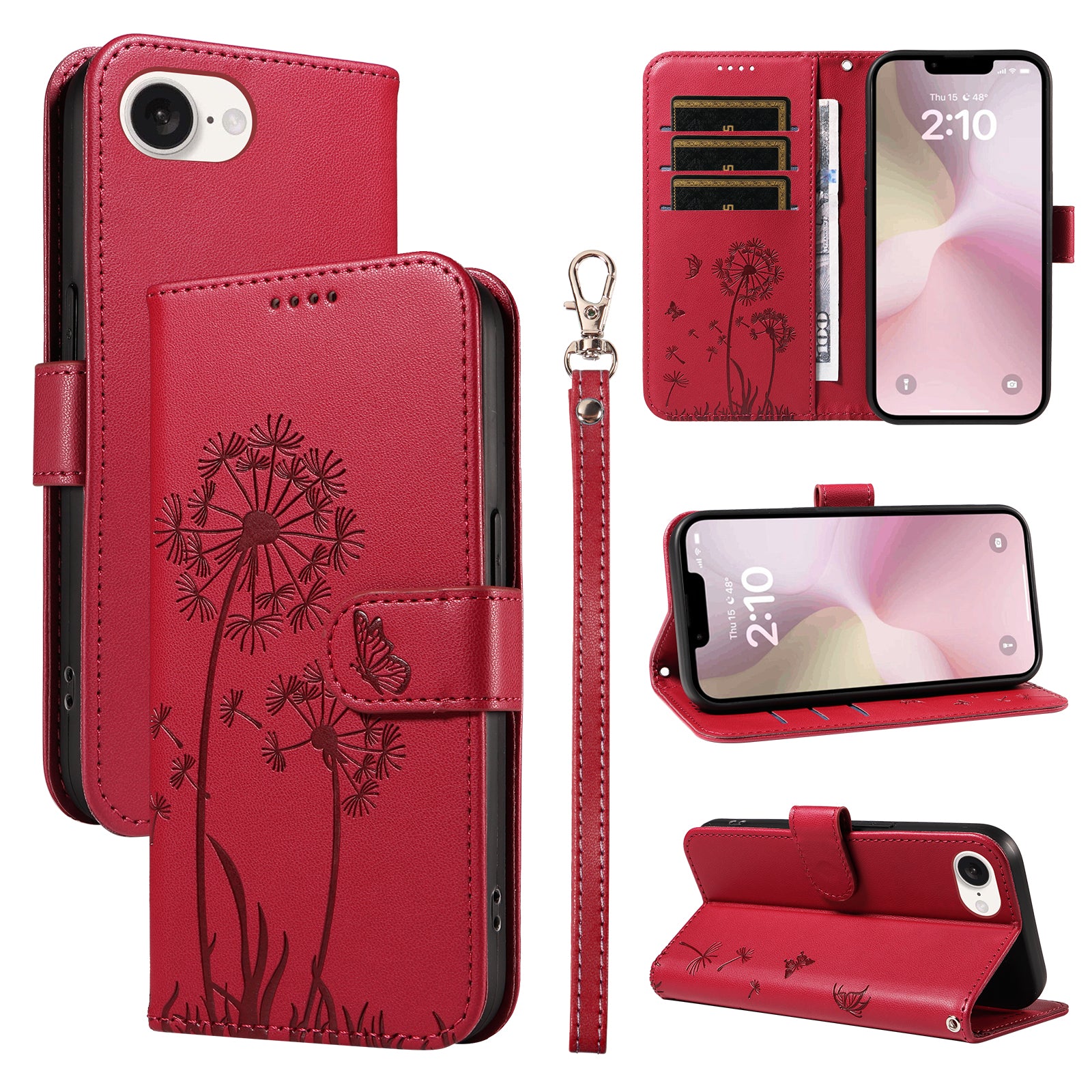 Til iPhone 17e / 16e Læderpung Etui med Rem Mælkebøtte Print Telefon Stand Cover