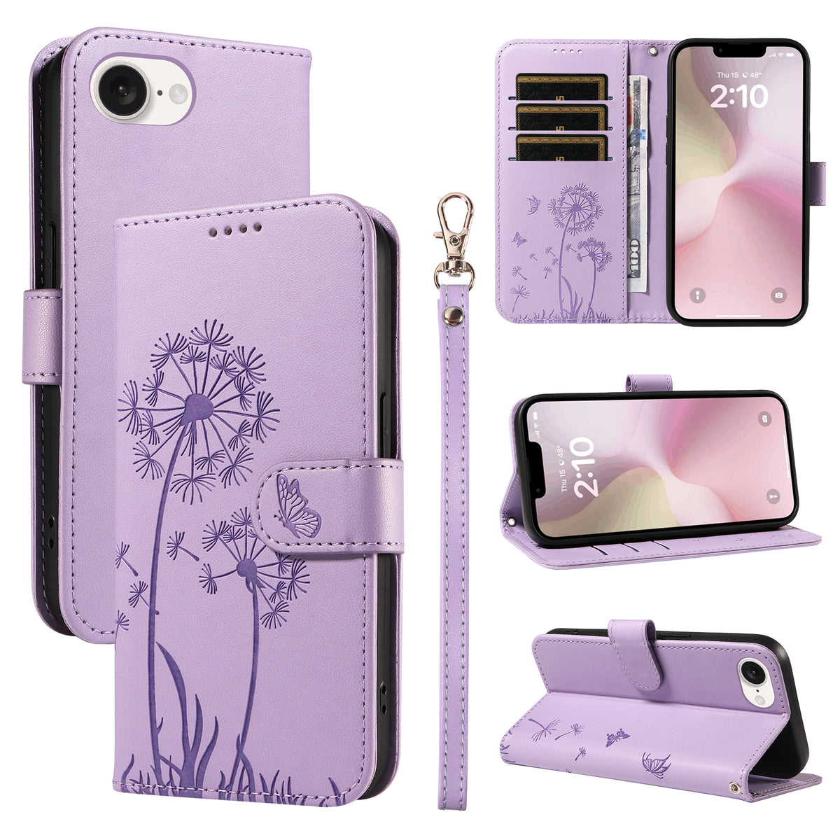 For iPhone 17th / 16th Leather Wallet Case with Strap Dandelion Imprint Phone Stand Cover