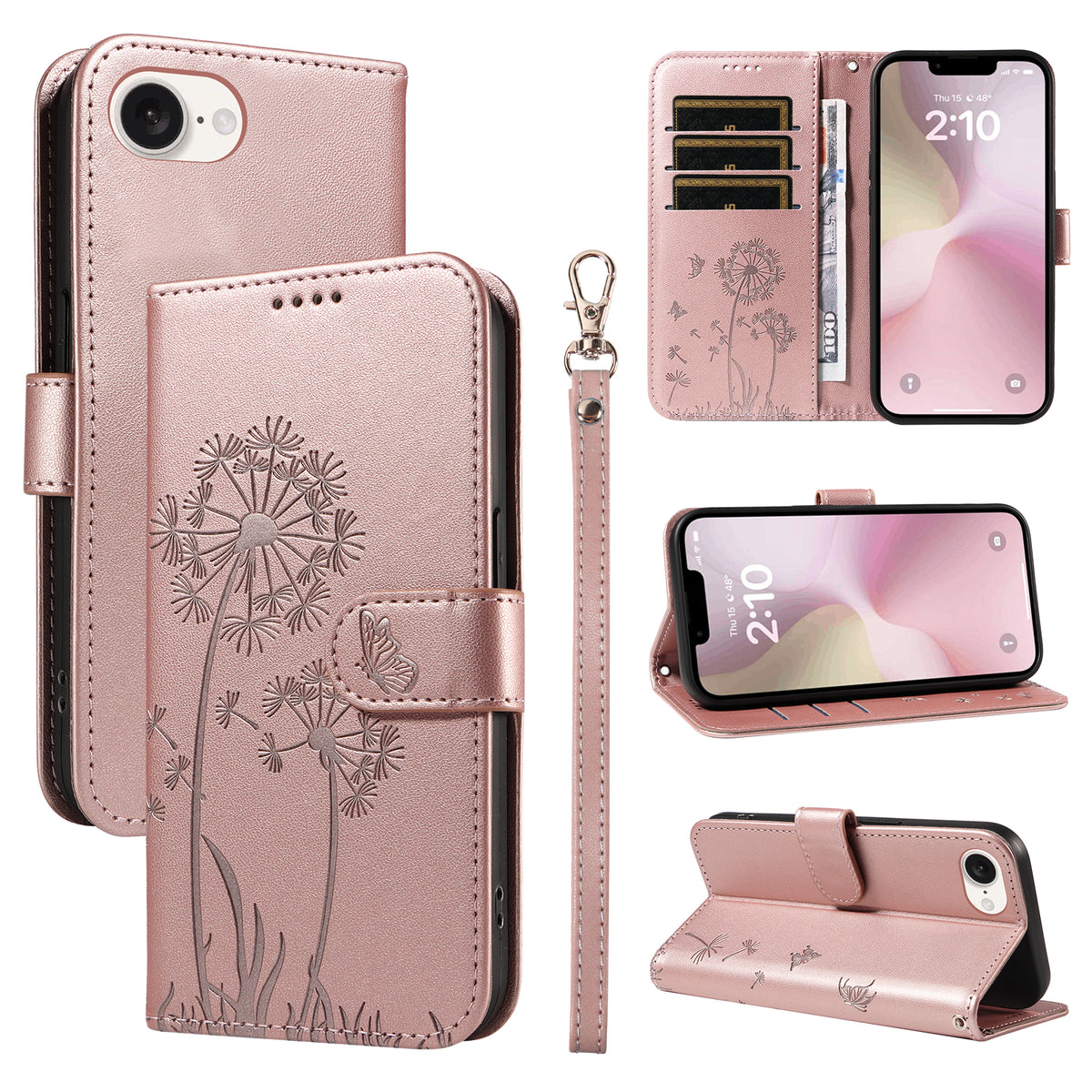 For iPhone 17th / 16th Leather Wallet Case with Strap Dandelion Imprint Phone Stand Cover
