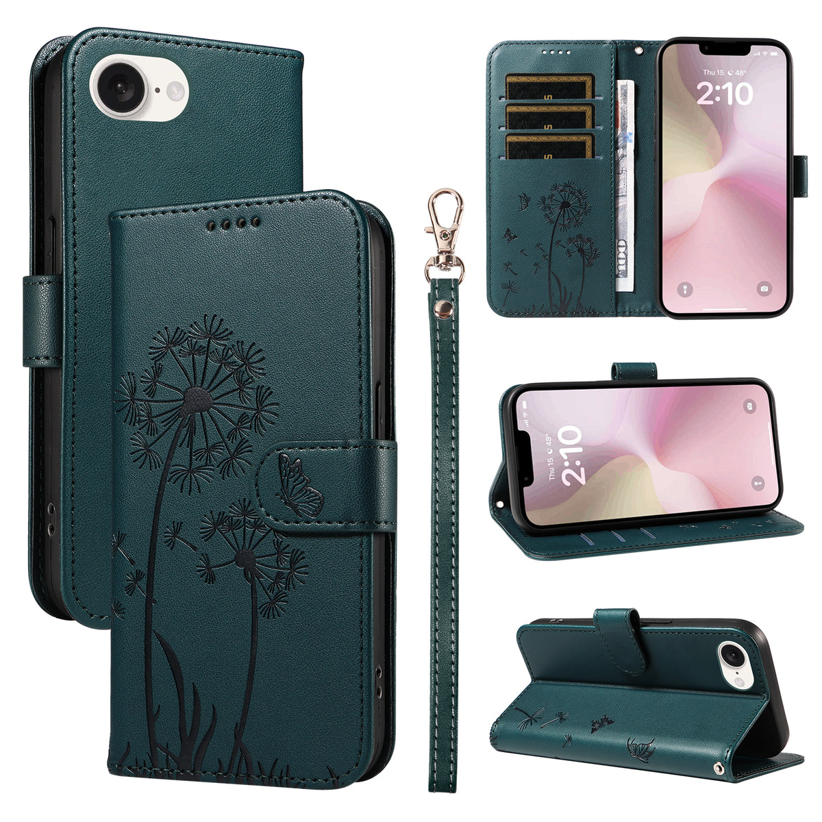 For iPhone 17th / 16th Leather Wallet Case with Strap Dandelion Imprint Phone Stand Cover