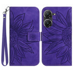 For Asus Zenfone 9 5G HT04 Imprinted Sunflower Wallet Case Skin-Touch PU Leather Stand Feature Flip Phone Cover with Hand Strap