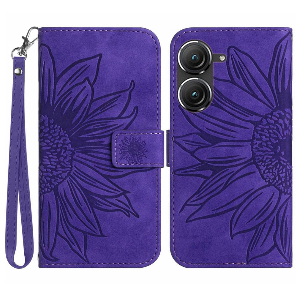 For Asus Zenfone 9 5G HT04 Imprinted Sunflower Wallet Case Skin-Touch PU Leather Stand Feature Flip Phone Cover with Hand Strap
