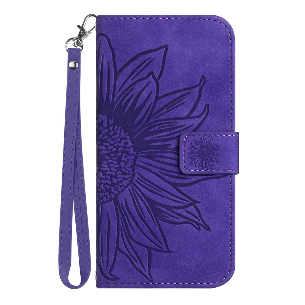 For Asus Zenfone 9 5G HT04 Imprinted Sunflower Wallet Case Skin-Touch PU Leather Stand Feature Flip Phone Cover with Hand Strap