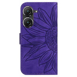 For Asus Zenfone 9 5G HT04 Imprinted Sunflower Wallet Case Skin-Touch PU Leather Stand Feature Flip Phone Cover with Hand Strap